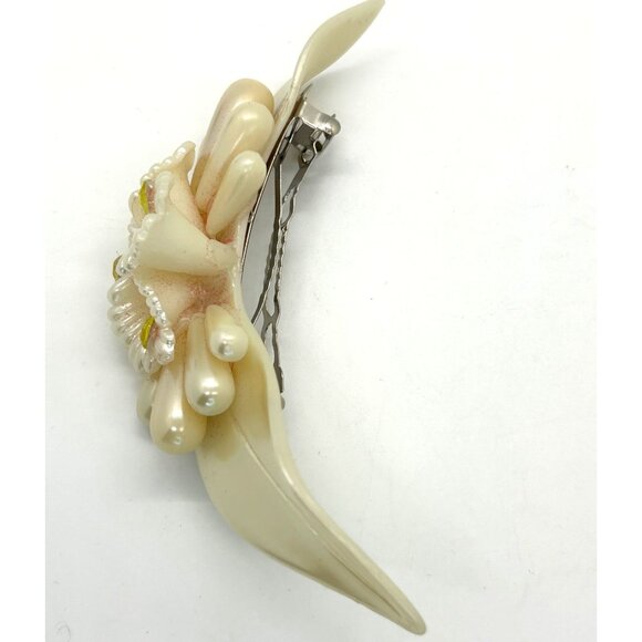 Vtg Ivory Bride Head Piece Acrylic Floral Faux Pearl Wedding Hairclip Barrette - Picture 10 of 12